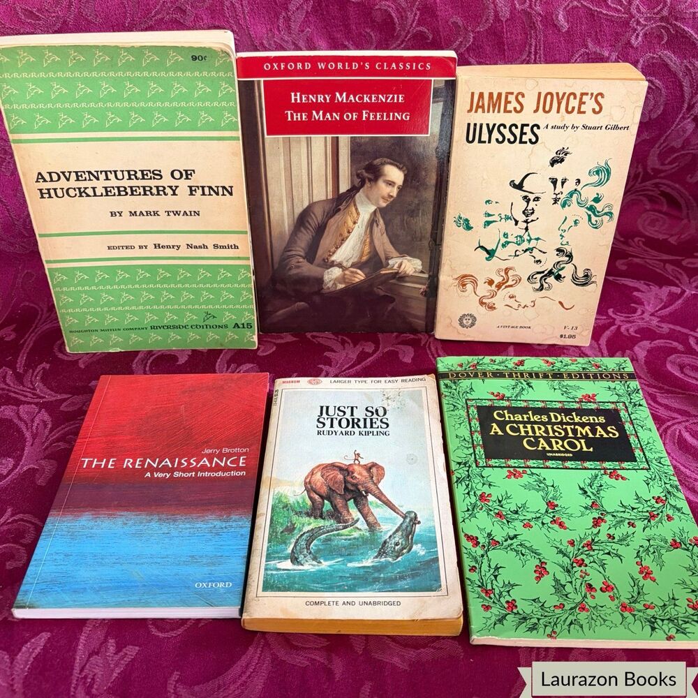 6 Vintage Classic Literature Paperbacks, Twain, Dickens, Kipling, Joyce, Mackenz